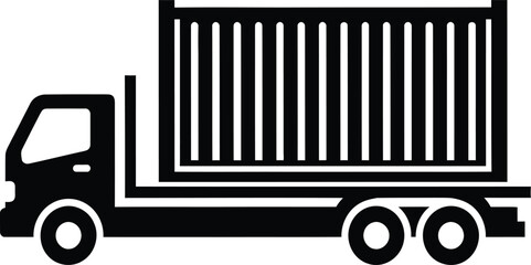 Black silhouette of a truck carrying a shipping container on a white background
