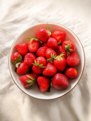 Bright Bowl Of Fresh Red Strawberries On White Linen Tabletop, Vibrant Summer Fruit Now Displayed