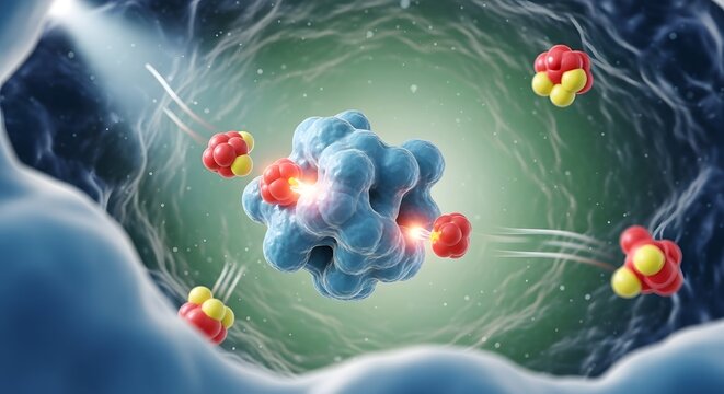 A detailed digital illustration of a molecule interacting with other molecules in a scientific environment, highlighting atomic structures and chemical bonds