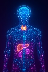  Human endocrine system made of glowing nanobots and digital hormones visualization.