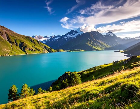 Scenic high-altitude lake nestled amidst towering, snow-capped mountains