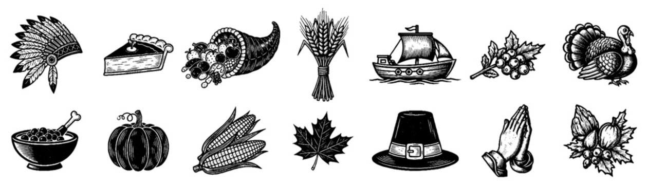 Vintage classic Thanksgiving symbols with a cornucopia, T&uuml;rkiye, pilgrim hat, sailing ship, pumpkin and harvest items set on transparent background