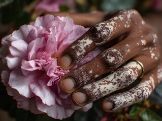 Close up of hand with vitiligo gently touching pink flower, showing unique skin patterns and natural beauty, evoking sense of calm and appreciation for diversity