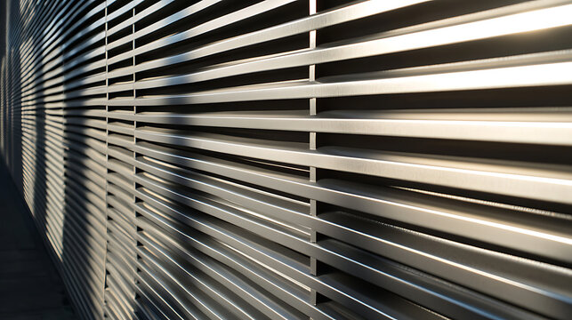 Architectural detail showing a metal facade with horizontal slats, creating shadows and geometric patterns, illuminated by sunlight. Modernist design.