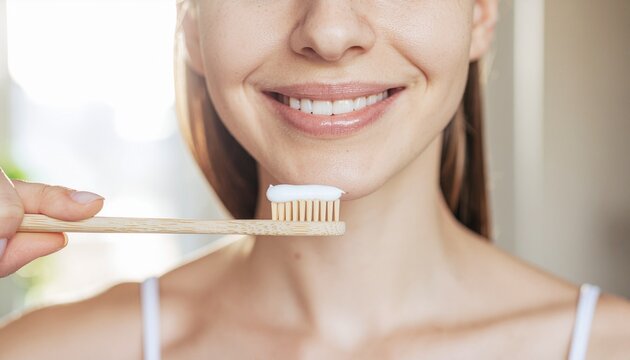 The Bamboo Toothbrush. A macro extreme close-up shot focusing on the woman's mouth and chin. She is holding a simple (unbranded) minimalist natural bamboo toothbrush.
