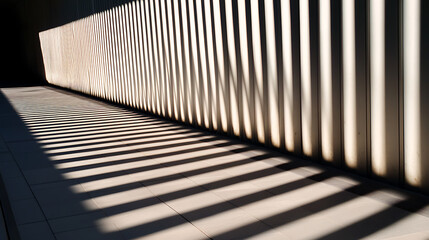 A corridor cast in stark light and shadows. The linear patterns create depth and visual interest, transforming a simple scene into abstract composition with a modern style.
