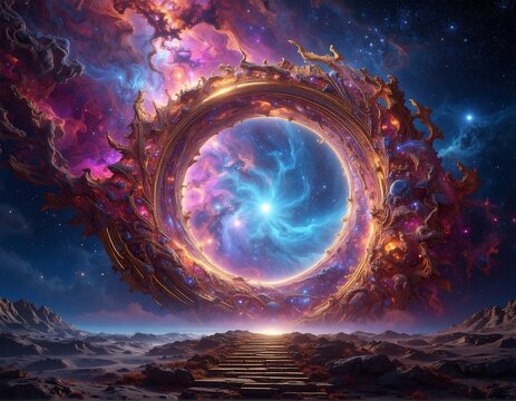 Portal ring in space, stair path leads toward cosmic galaxies