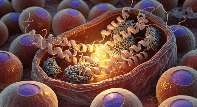 Detailed digital illustration of a mitochondrion within a cell surrounded by various spherical cells, highlighting cellular and molecular structures in a scientific style