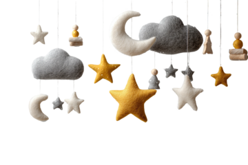 Handcrafted nursery mobile with felt stars, moons, clouds, and wooden accents