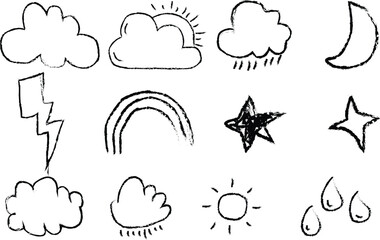 Weather line icons set. Sun, rain, thunder storm, dew, wind, snow cloud, night sky minimal vector illustrations. Simple flat outline signs for web, forecast app. 30x30 Pixel Perfect. Editable Strokes