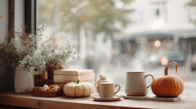 Wooden table with a few items on it. on the left side of the table, there is a vase with dried flowers and a stack of books. next to the vase, there are two small pumpkins and a small jar of honey.