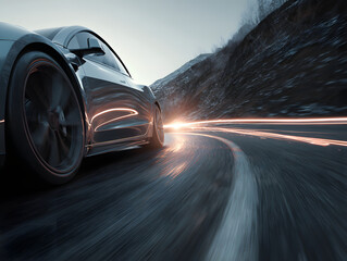 Dynamic electric car speeding on winding mountain road at dusk, low angle shot with motion blur and glowing light trails, conveying excitement and futuristic energy