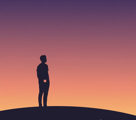 Fototapeta premium Silhouette of a person contemplating the sunset, against a gradient sky, symbolizing solitude and peace