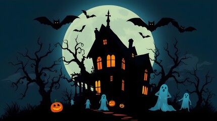 Spooky haunted castle on a dark Halloween night with bats and a large moon