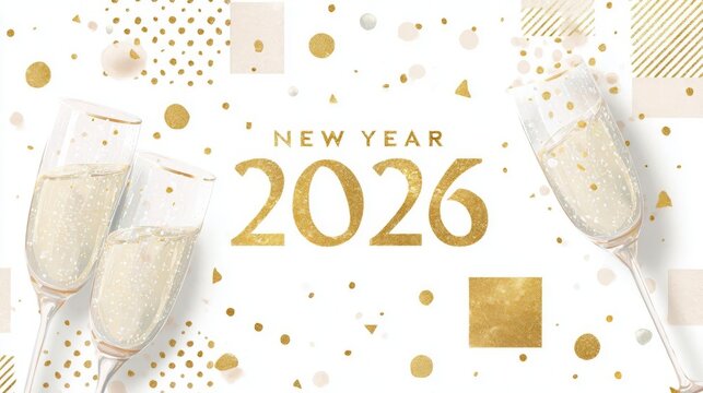 Digital greeting card for the new year 2020. it has a white background with gold confetti scattered around. in the center, there is a text that reads "new year 2026" in a bold, cursive font.