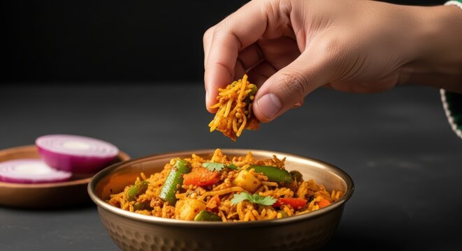 Hand picking spicy indian bhel puri with vegetables and onion slices on dark background