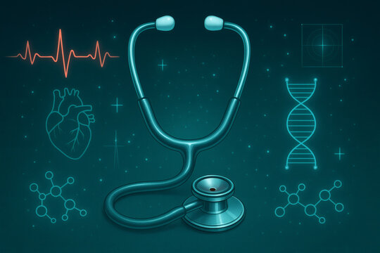 Medical stethoscope with glowing scientific medical symbols representing healthcare and research