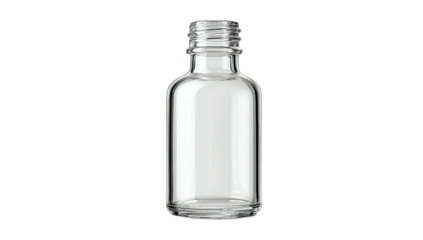 A clear, empty, glass bottle with a threaded neck, isolated against a solid black background