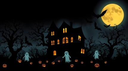 Spooky Halloween night background with haunted house silhouette, bats, and pumpkin under a dark October moon