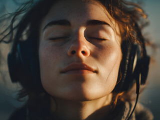 Young person with closed eyes enjoys music through large headphones, sunlight casting soft shadows on face, peaceful and relaxed outdoor atmosphere, natural expression