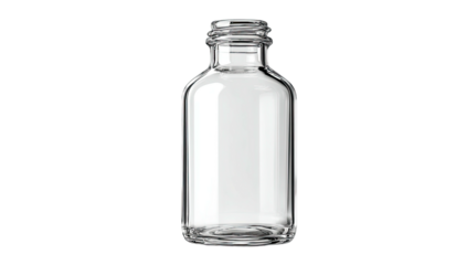 A clear, transparent glass bottle with a short, round body and narrow neck, isolated on black
