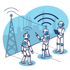 Obraz premium Illustration of robots communicating in a cityscape, this artwork showcases a blend of technology and communication