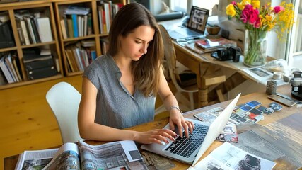 Freelance marketer campaign ads design desk, trends chase, client win, photorealistic stolen moment by a creative solo artist.