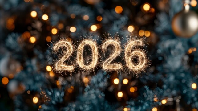 New Year 2026 Written in Fireworks Sparks.