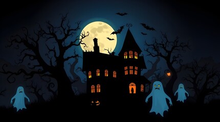 Spooky haunted house and castle on Halloween night with bats and moon
