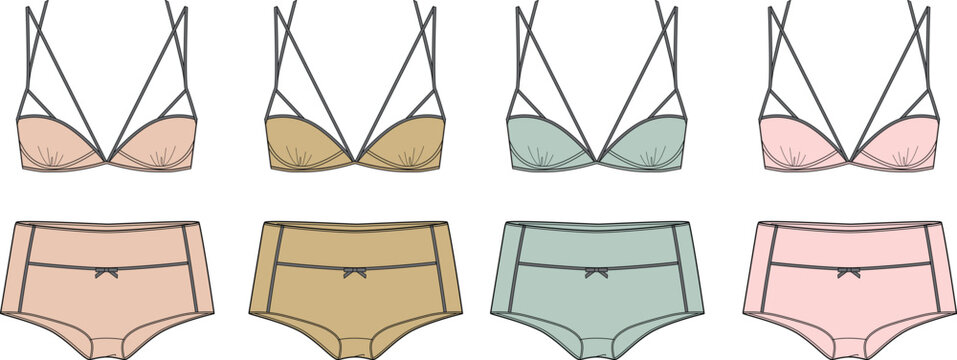 Vector fashion flats showcasing modern women's lingerie sets. Trendy strappy bras and high-waisted briefs in a soft pastel color palette, ideal for apparel design projects