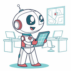 A cheerful robot stands in a modern office, holding a tablet and smiling, with desks and a framed abstract artwork in the background