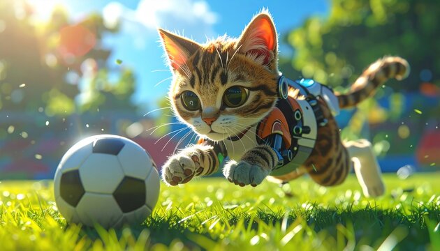 Animated kitten leaps for soccer ball on a sunny day