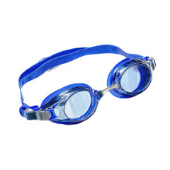 Close-up of swimming goggles with blue frame and lenses. The band stretches across the top