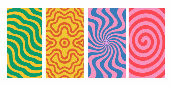 Vibrant retro psychedelic patterns with swirls and waves in bold colors