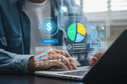 Businessman using digital payroll management on laptop with AI tool, visual data analytics, budget charts, data analytics and calendar planning for efficient salary calculation and financial reporting