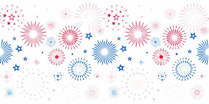 Seamless red white and blue fireworks and stars border pattern for celebrations