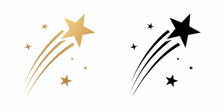 Two contrasting shooting star graphics one in gold and one in black with small star accents