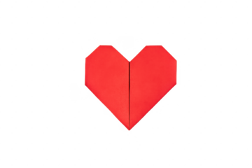 A single vibrant red origami heart shape artfully folded from paper symbolizing love and affection isolated on transparent background