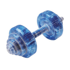 A digitally rendered blue dumbbell, constructed of layered lines, floats on a black background