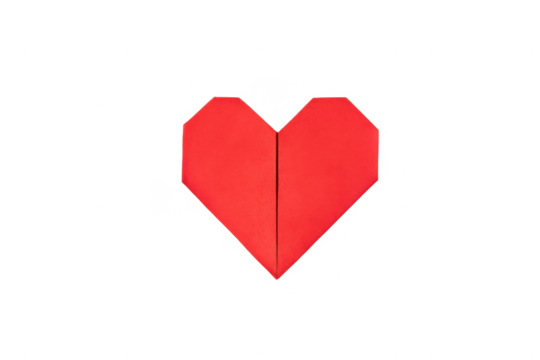 A single vibrant red origami heart shape artfully folded from paper symbolizing love and affection isolated on transparent background