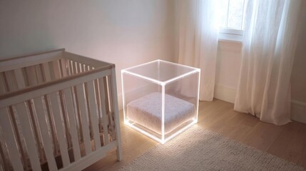 Corner of a room with a white crib on the left side and a window on the right side. the window has white curtains that are open, letting in natural light.