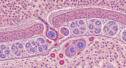 Close-up view of a detailed biological tissue sample showing cellular structures and intricate tissue organization under a microscope