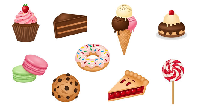 Assorted sweets and desserts illustration featuring cake ice cream and more