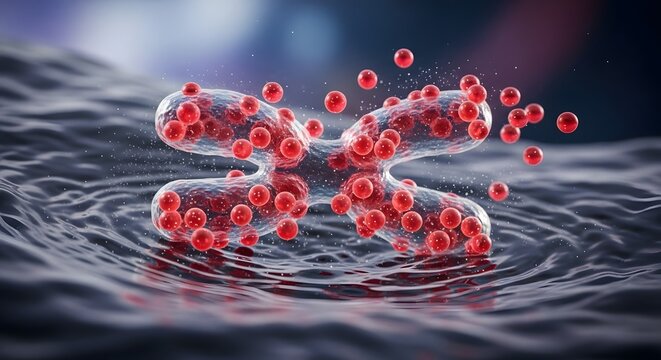 A highly detailed digital illustration of microscopic organisms with transparent bodies and red spherical structures floating in a fluid environment, showcasing biological complexity