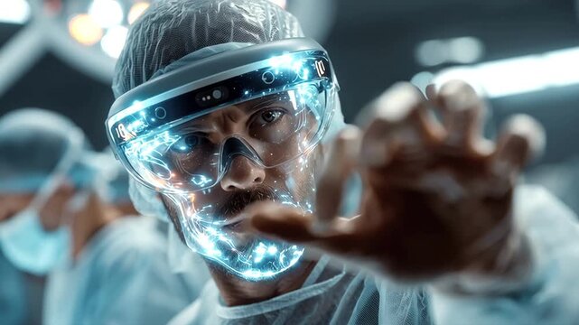 Medical professional operating surgical procedure, utilizing augmented reality glasses and cutting edge technology for advanced, precise medical intervention