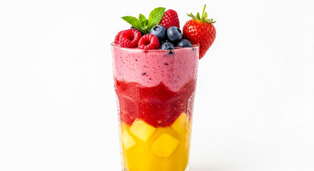 Delicious layered fruit smoothie recipe with fresh berries and mango chunks