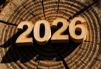 Wooden 2026 numbers on tree stump: natural growth and future concept