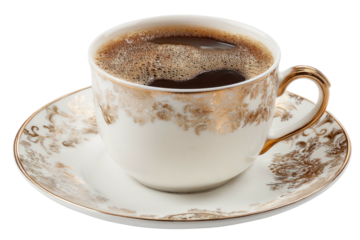 Cup of dark, brewed beverage rests atop matching saucer, featuring ornate gold detailing