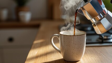 Close-up of hot coffee pouring from a stovetop espresso maker into a ceramic mug. Steam rises, highlighting warmth, freshness, and cozy morning routine at home