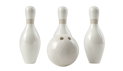 Three white bowling pins and a ball with a wood grain texture on a transparent background
